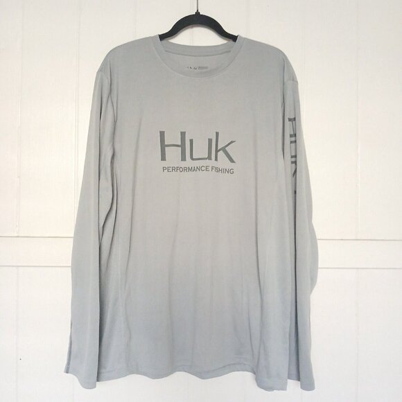 Huk Mens PURSUIT PERFORMANCE Crew Long Sleeve Fishing Logo Shirt XL Gray - Picture 9 of 10